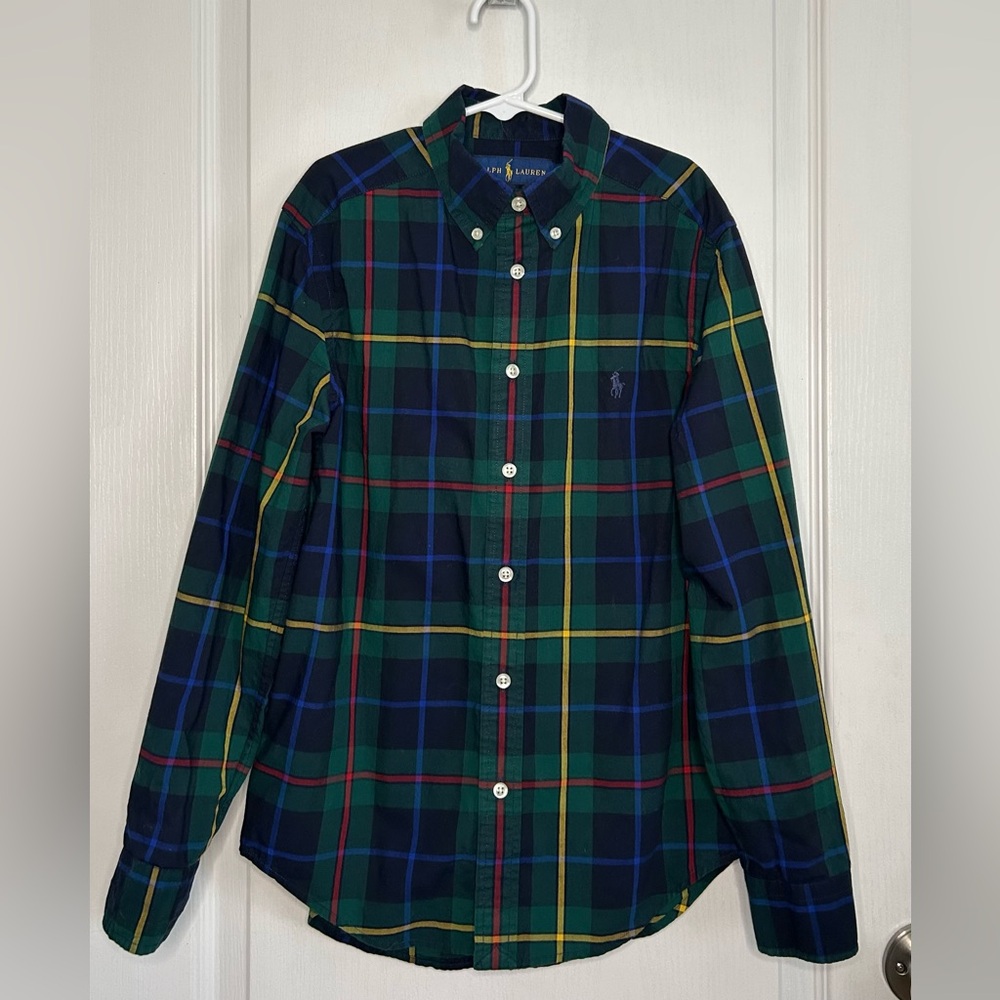 RALPH LAUREN Green Kids Plaid Poplin Shirt M 10/12 Preppy Holiday Old Money